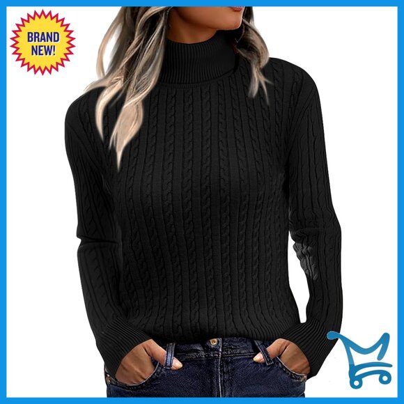 Turtleneck Cable Knit Pullover Sweater Slim Fit Chic Fall Winter Tops